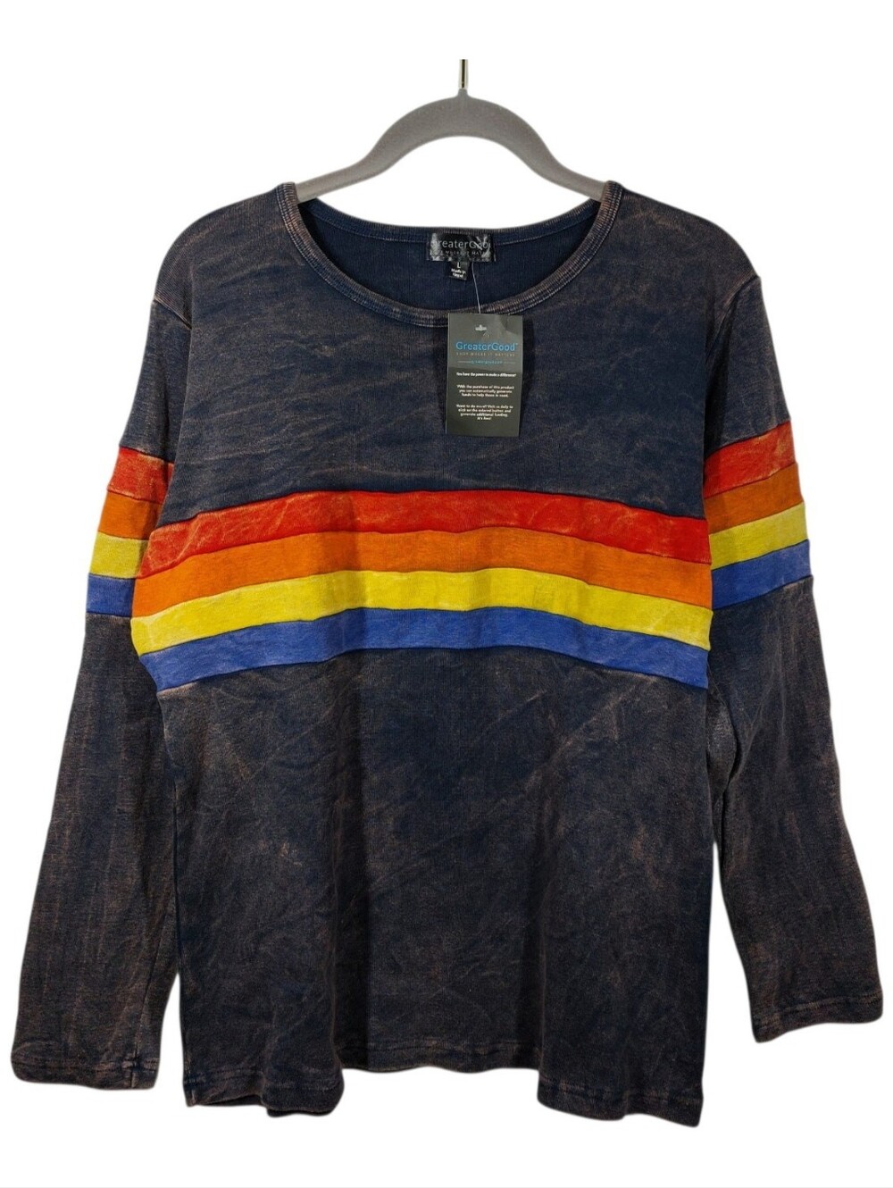 Greater Good Acid Washed Rainbow Stripe Pullover Women's Size L Cotton Festival